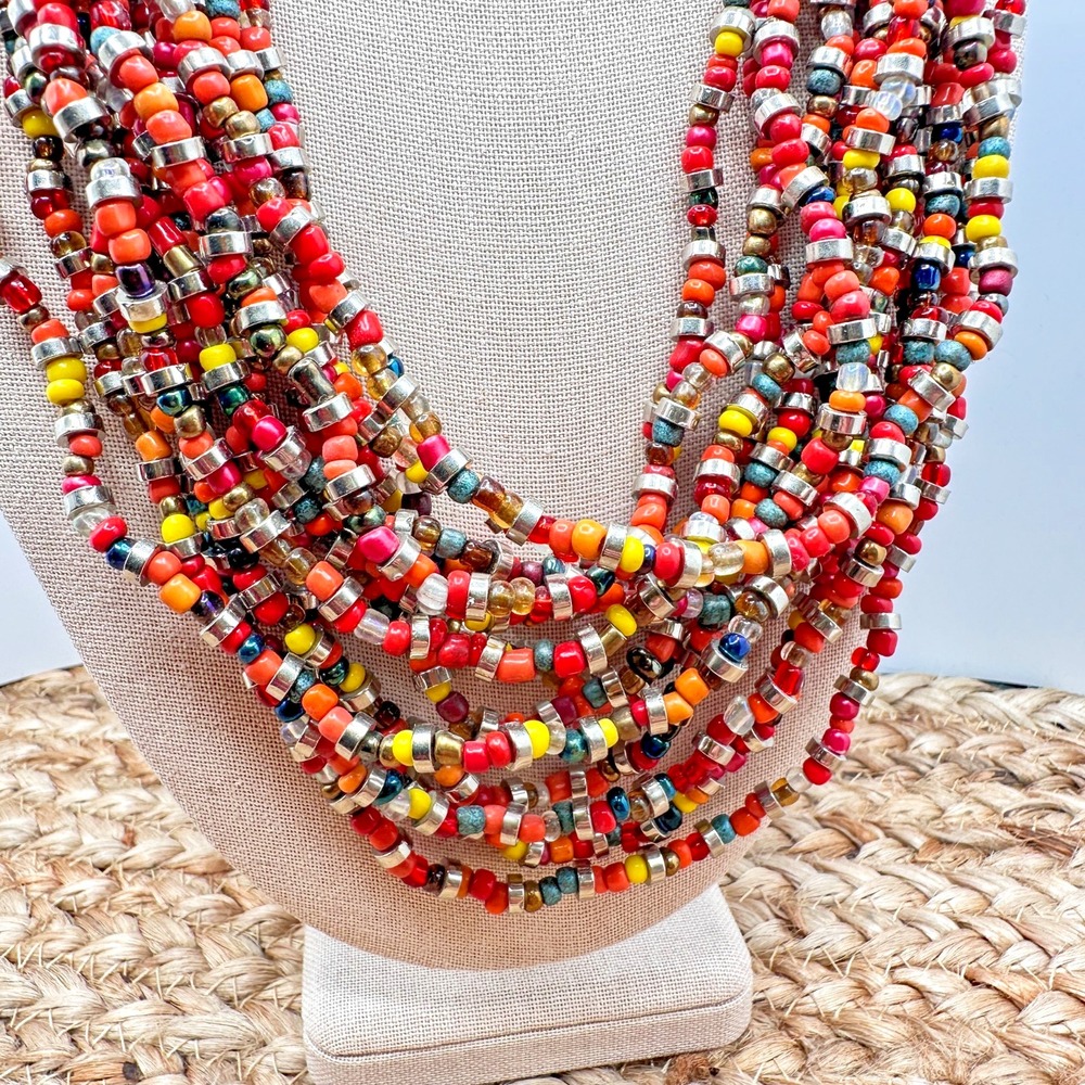 Vintage Artisan 14-Strand Boho Necklace Multicolor Glass Bead Layered Tribal Bib